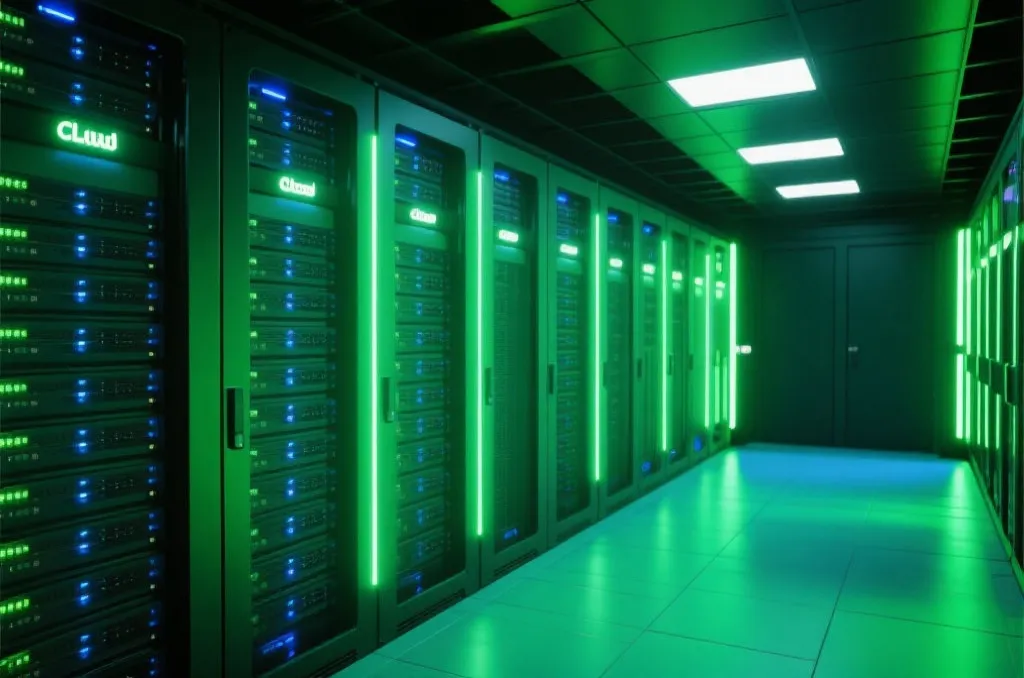 A high-tech server room with glowing green and blue LED lights, representing fast data processing and cloud streaming technology.
